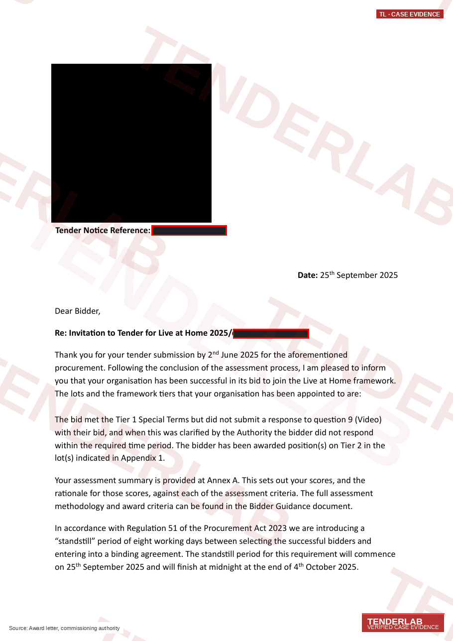 Award letter — Essex Live at Home Domiciliary Framework 2025 : Five Tier 2 Lots, Documented Tier 1 Path